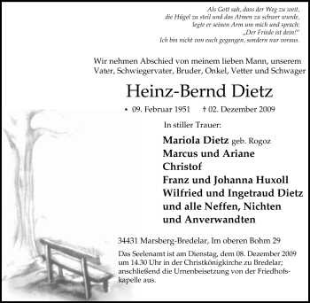 Traueranzeige von Heinz-Bernd Dietz von Tageszeitung