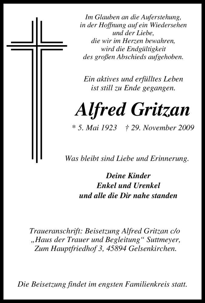  Traueranzeige für Alfred Gritzan vom 05.12.2009 aus Tageszeitung
