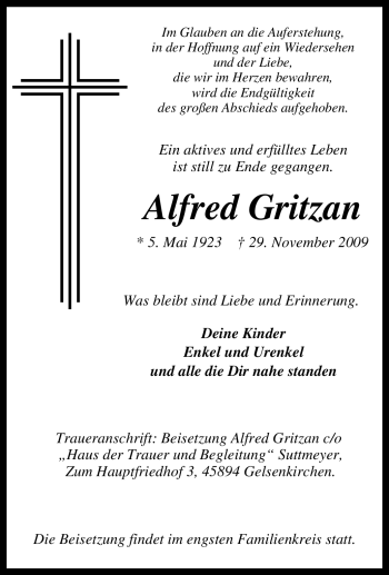 Traueranzeige von Alfred Gritzan von Tageszeitung