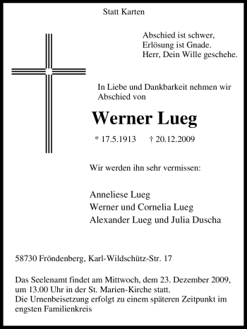 Traueranzeige von Werner Lueg von Tageszeitung