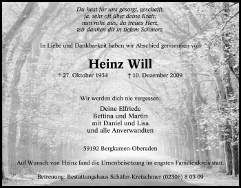 Traueranzeige von Heinz Will von Tageszeitung