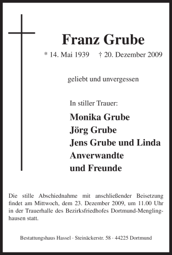 Traueranzeige von Franz Grube von Tageszeitung