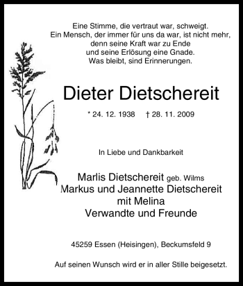 Traueranzeige von Dieter Dietschereit von Tageszeitung