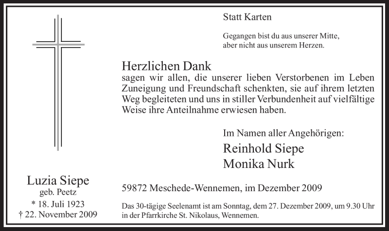  Traueranzeige für Luzia Siepe vom 21.12.2009 aus Tageszeitung