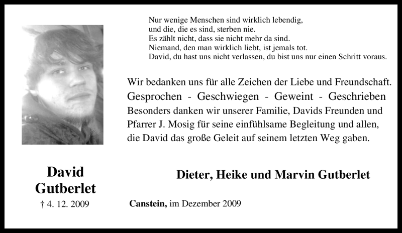  Traueranzeige für David Gutberlet vom 29.12.2009 aus Tageszeitung