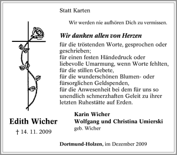 Traueranzeige von Edith Wicher von Tageszeitung