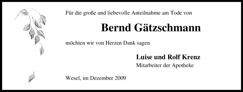  Traueranzeige für Bernd Gätzschmann vom 12.12.2009 aus Tageszeitung