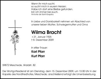 Traueranzeige von Wilma Bracht von Tageszeitung