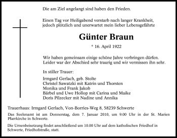 Traueranzeige von Günter Braun von Tageszeitung