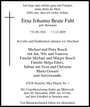 Traueranzeige von Erna Johanna Beate Fahl von Tageszeitung