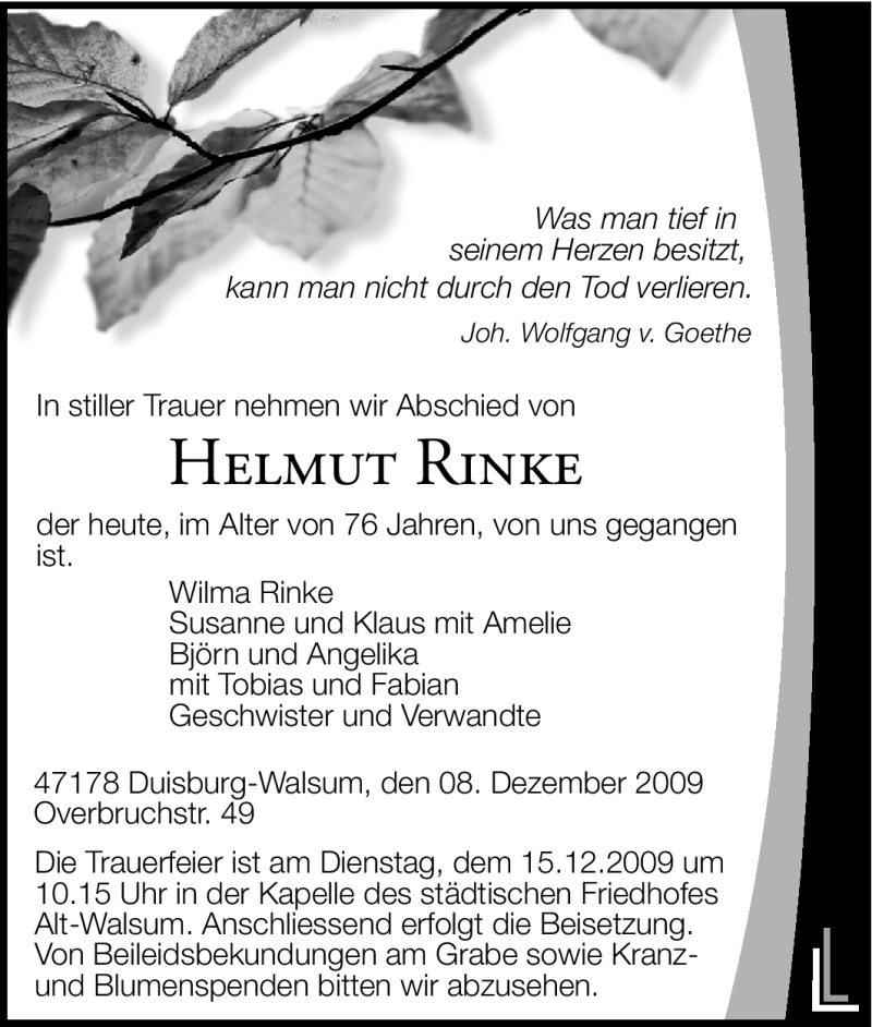  Traueranzeige für Helmut Rinke vom 10.12.2009 aus Tageszeitung