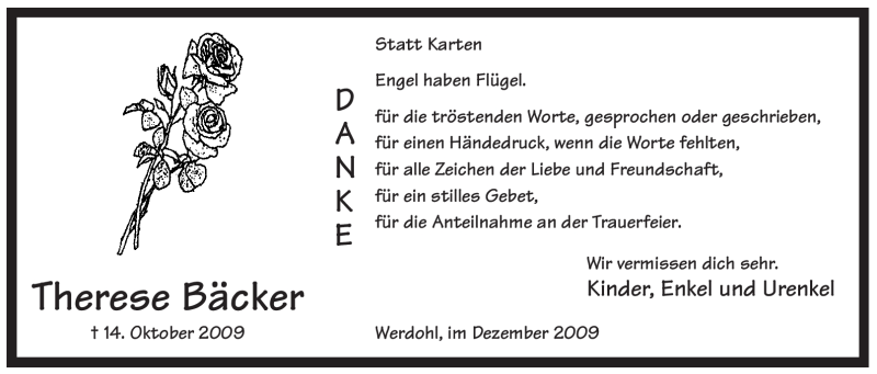  Traueranzeige für Therese Bäcker vom 09.12.2009 aus Tageszeitung