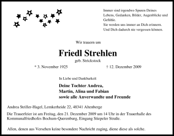 Traueranzeige von Friedl Strehlen von Tageszeitung