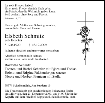 Traueranzeige von Elsbeth Schmitz von Tageszeitung