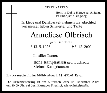 Traueranzeige von Anneliese Olbrisch von Tageszeitung