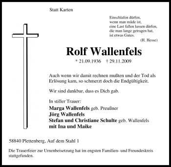 Traueranzeige von Rolf Wallenfels von Tageszeitung