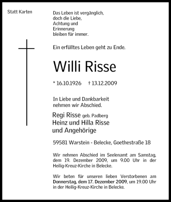 Traueranzeige von Willi Risse von Tageszeitung