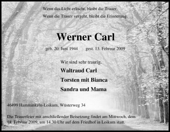 Traueranzeige von Werner Carl von Tageszeitung