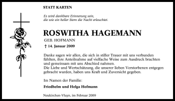 Traueranzeige von Roswitha Hagemann von Tageszeitung