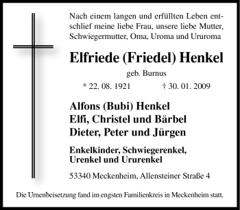 Traueranzeige von Elfriede Henkel von Tageszeitung