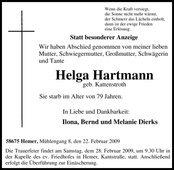 Traueranzeige von Helga Hartmann von Tageszeitung