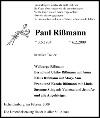 Traueranzeigen von Paul Rißmann | Trauer-in-NRW.de