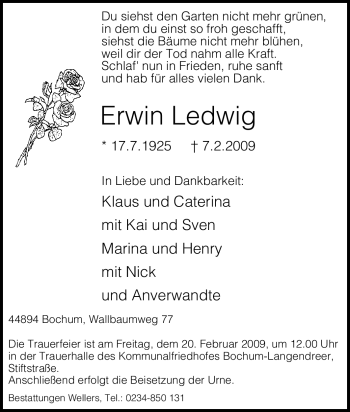 Traueranzeige von Erwin Ledwig von Tageszeitung