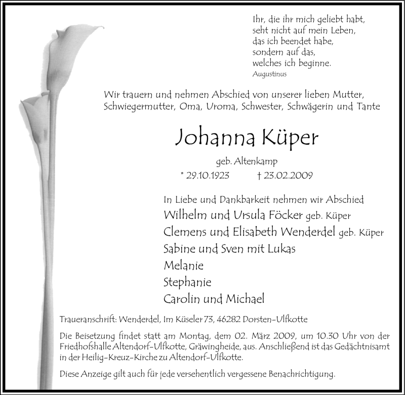  Traueranzeige für Johanna Küper vom 26.02.2009 aus Tageszeitung