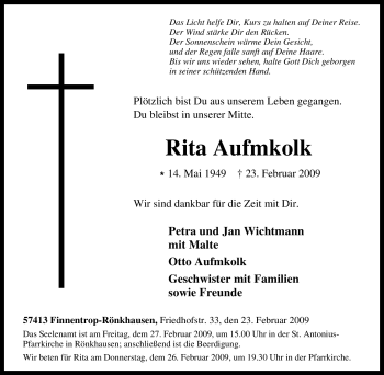 Traueranzeige von Rita Aufmkolk von Tageszeitung
