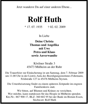 Traueranzeige von Rolf Huth von Tageszeitung