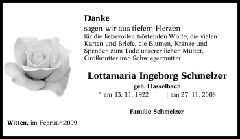 Traueranzeige von Lottamaria Ingeborg Schmelzer von Tageszeitung