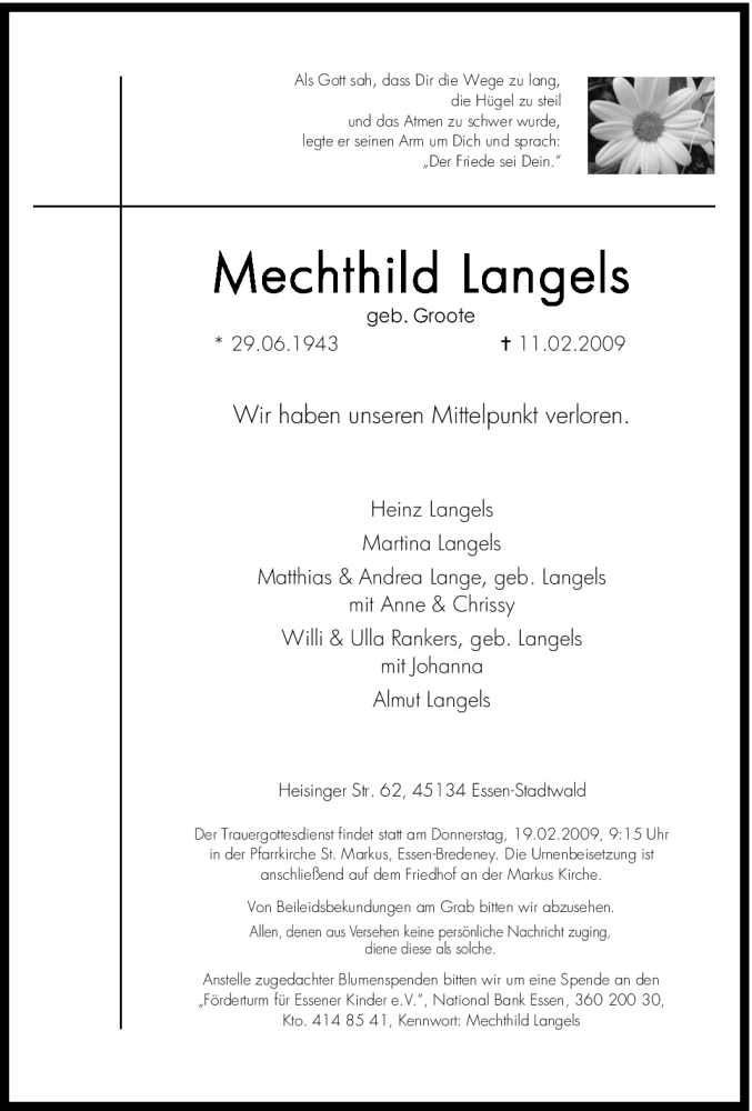  Traueranzeige für Mechthild Langels vom 17.02.2009 aus Tageszeitung