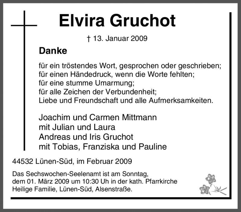  Traueranzeige für Elvira Gruchot vom 14.02.2009 aus Tageszeitung