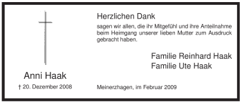 Traueranzeige von Anni Haak von Tageszeitung