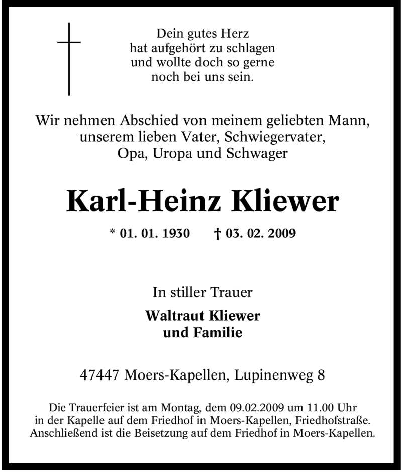  Traueranzeige für Karl-Heinz Kliewer vom 06.02.2009 aus Tageszeitung