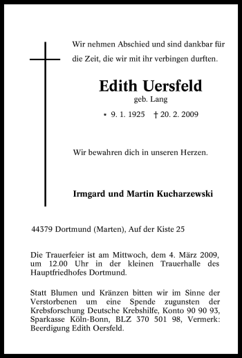 Traueranzeige von Edith Uersfeld von Tageszeitung