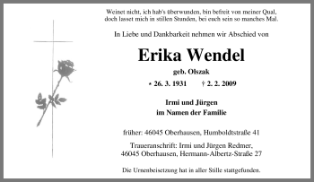 Traueranzeige von Erika Wendel von Tageszeitung