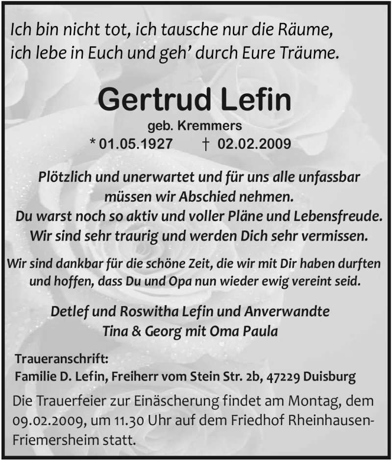  Traueranzeige für Gertrud Lefin vom 05.02.2009 aus Tageszeitung