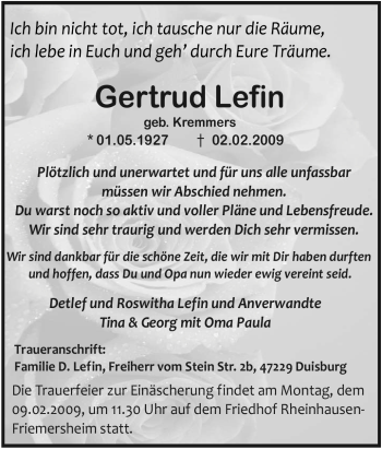 Traueranzeige von Gertrud Lefin von Tageszeitung