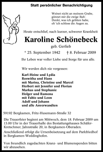 Traueranzeige von Karoline Schönebeck von Tageszeitung