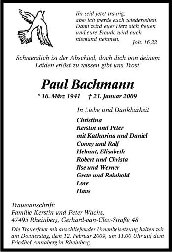 Traueranzeige von Paul Bachmann von Tageszeitung