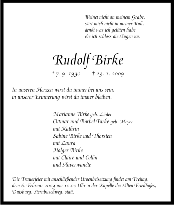 Traueranzeige von Rudolf Birke von Tageszeitung