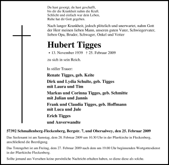 Traueranzeige von Hubert Tigges von Tageszeitung