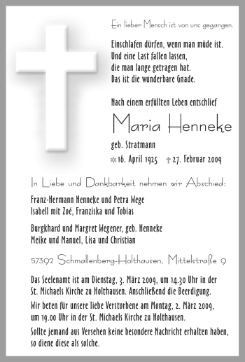 Traueranzeige von Maria Henneke von Tageszeitung