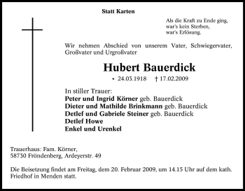 Traueranzeige von Hubert Bauerdick von Tageszeitung