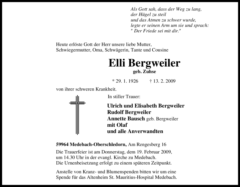  Traueranzeige für Elli Bergweiler vom 16.02.2009 aus Tageszeitung