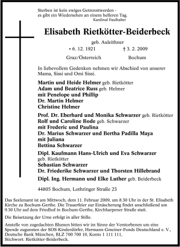 Traueranzeige von Elisabeth Rietkötter-Beiderbeck von Tageszeitung