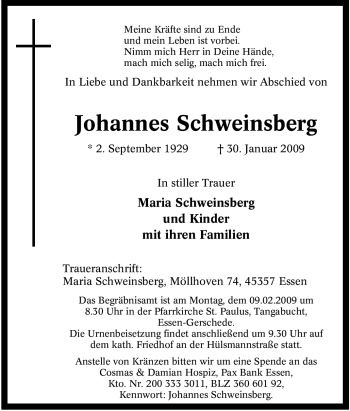Traueranzeige von Johannes Schweinsberg von Tageszeitung