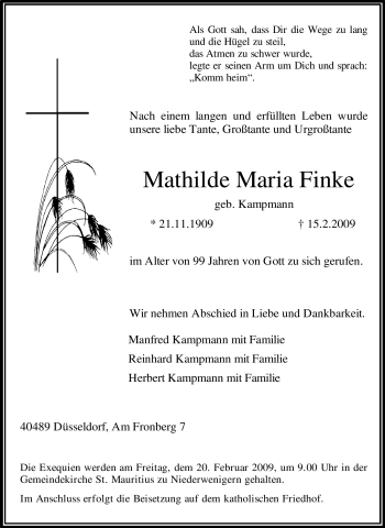 Traueranzeige von Mathilde Maria Finke von Tageszeitung