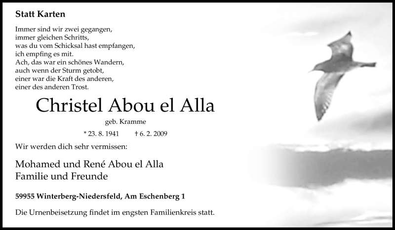  Traueranzeige für Christel Abou el Alla vom 10.02.2009 aus Tageszeitung